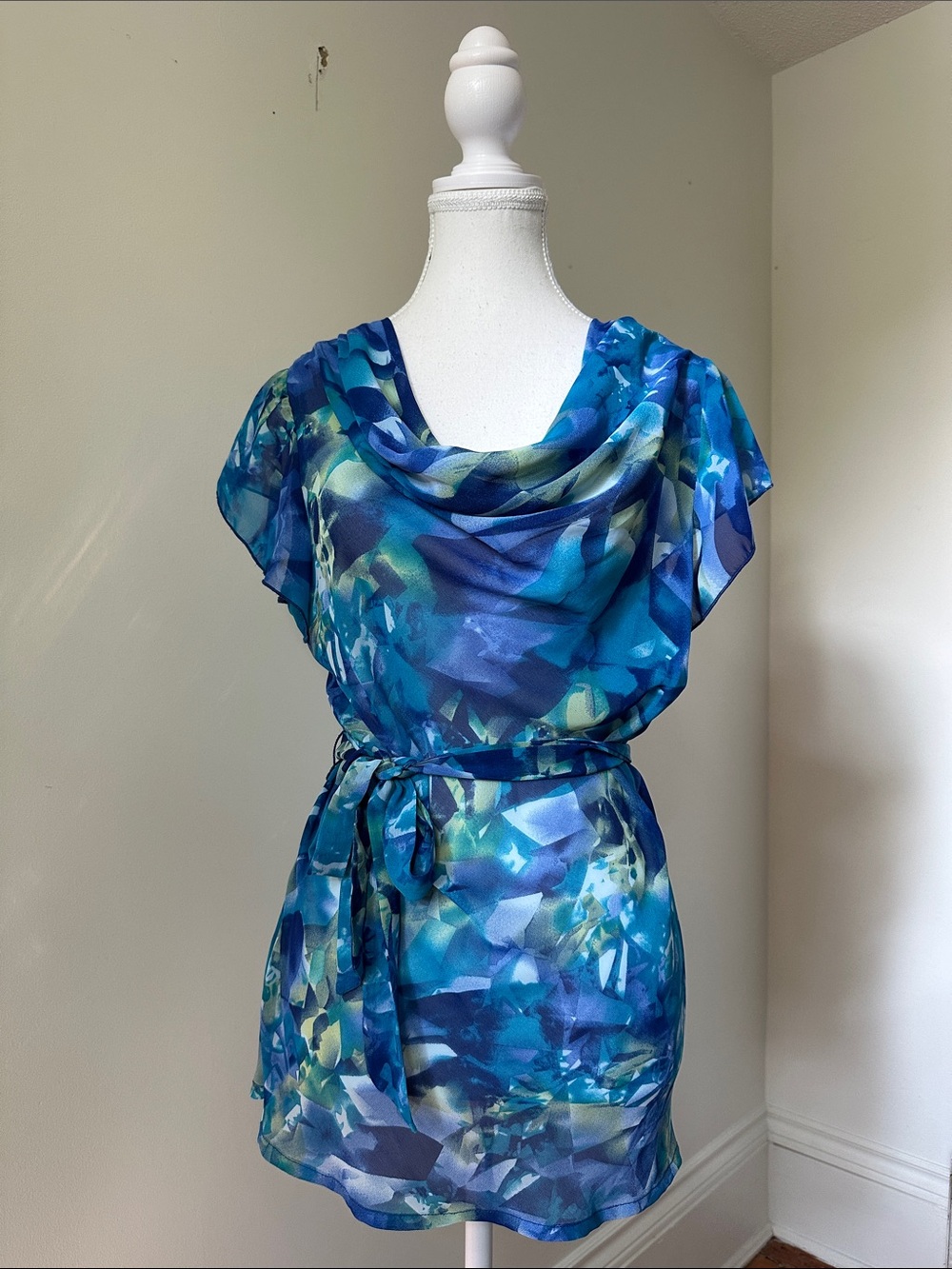 RICKI’S Y2K Geometric Fairy Cowl Neck Belted Ruffle Flutter Sleeve Top Sz 6